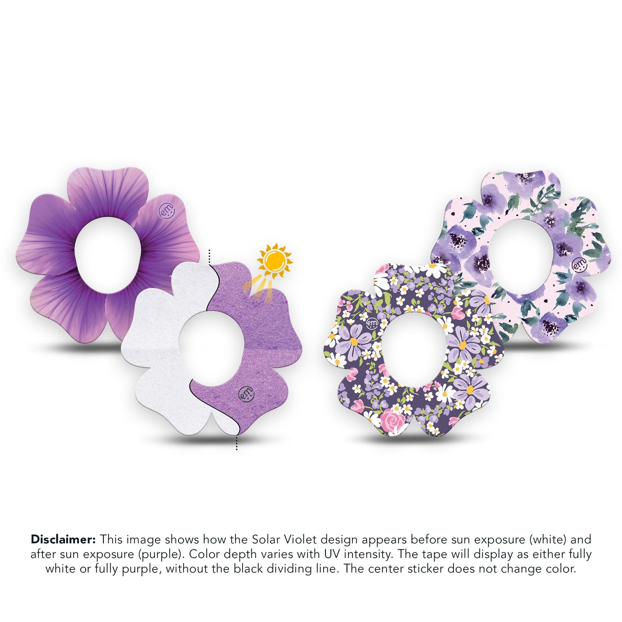 ExpressionMed Purple Hues Variety Pack Dexcom G7 Flower Shape Tape, Dexcom Stelo Glucose Biosensor System, 4-Pack Tape Variety UV-Sensitive Color, Plaster CGM Design