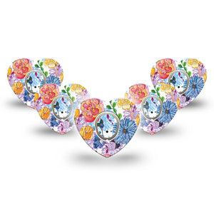 ExpressionMed Stylised Floral Dexcom G7 Heart Shape 5-Pack Stickers and Tapes Botanical Pattern Fixing Ring Tape CGM Design, Dexcom Stelo Glucose Biosensor System