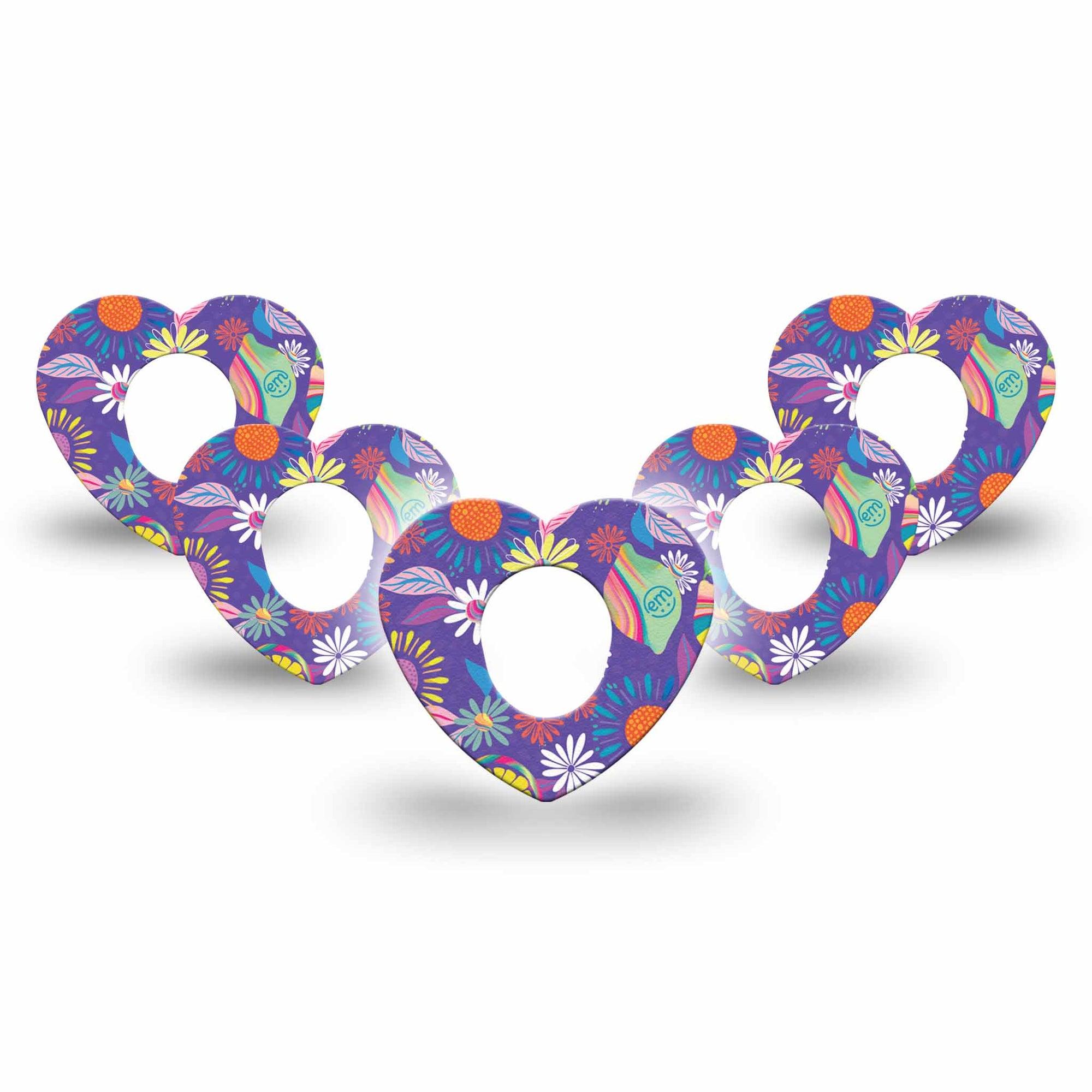 ExpressionMed Purple Flower Dexcom G7 Heart Shape 5-Pack Colorful Abstract by Etta Vee Fixing Ring Tape CGM Design, Dexcom Stelo Glucose Biosensor System