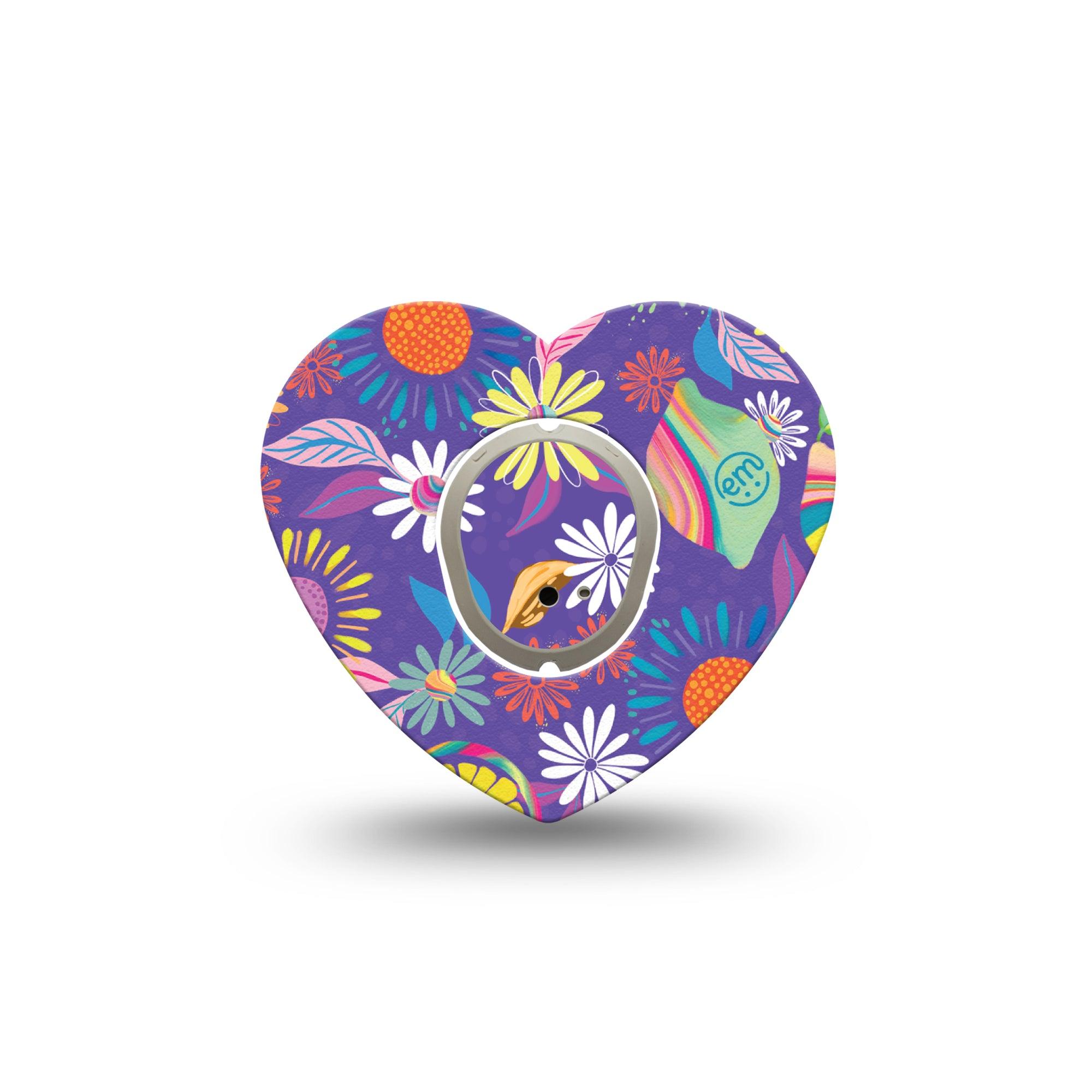 ExpressionMed Purple Flowers Dexcom G7 Heart Shape Single Digital Art by Etta Vee Fixing Ring Tape CGM Design, Dexcom Stelo Glucose Biosensor System with center sticker