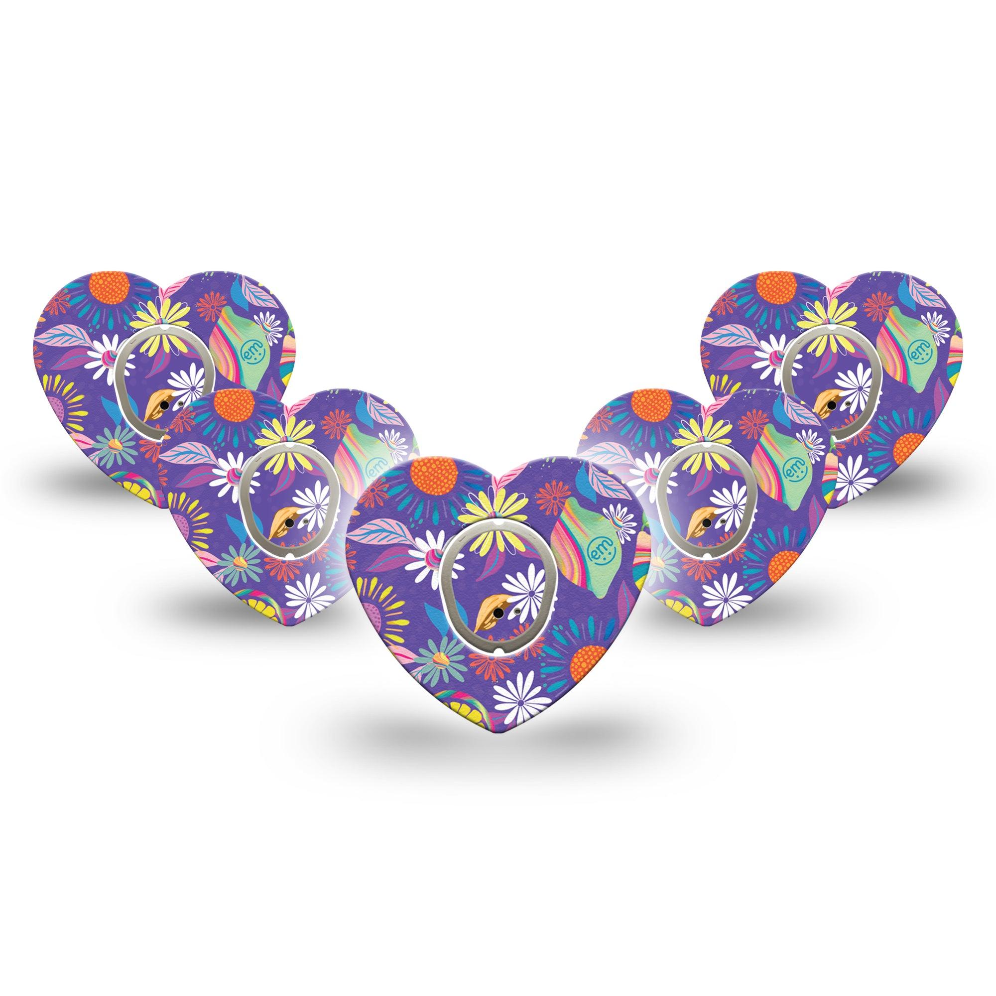 ExpressionMed Purple Flower Dexcom G7 Heart Shape 5-Pack Colorful Abstract by Etta Vee Fixing Ring Tape CGM Design, Dexcom Stelo Glucose Biosensor System with center stickers