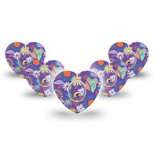 ExpressionMed Purple Flower Dexcom G7 Heart Shape 5-Pack Colorful Abstract by Etta Vee Fixing Ring Tape CGM Design, Dexcom Stelo Glucose Biosensor System with center stickers