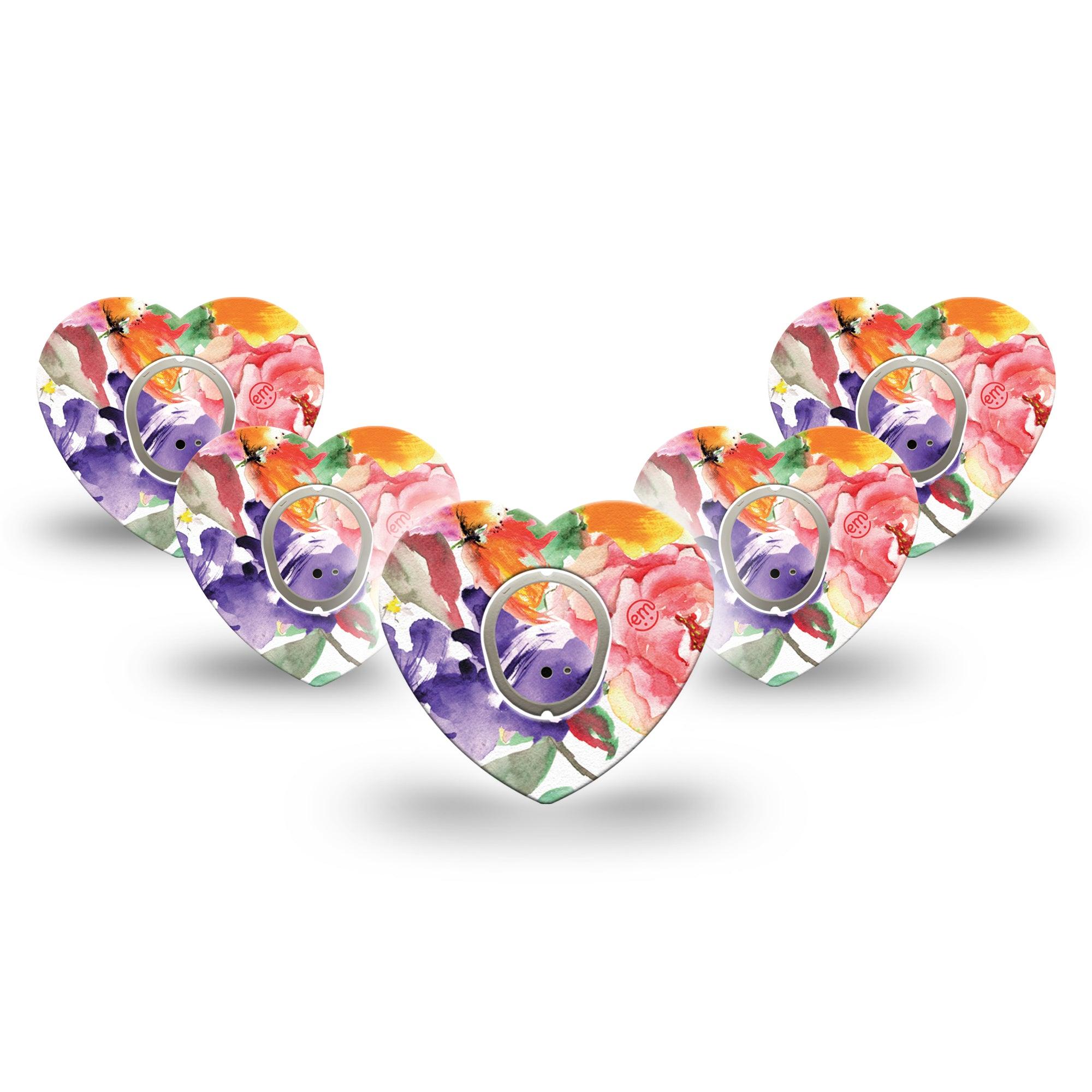 ExpressionMed Floral Art Dexcom G7 Heart Shape 5-Pack Colorful Abstract by Etta Vee Fixing Ring Tape CGM Design, Dexcom Stelo Glucose Biosensor System with center stickers