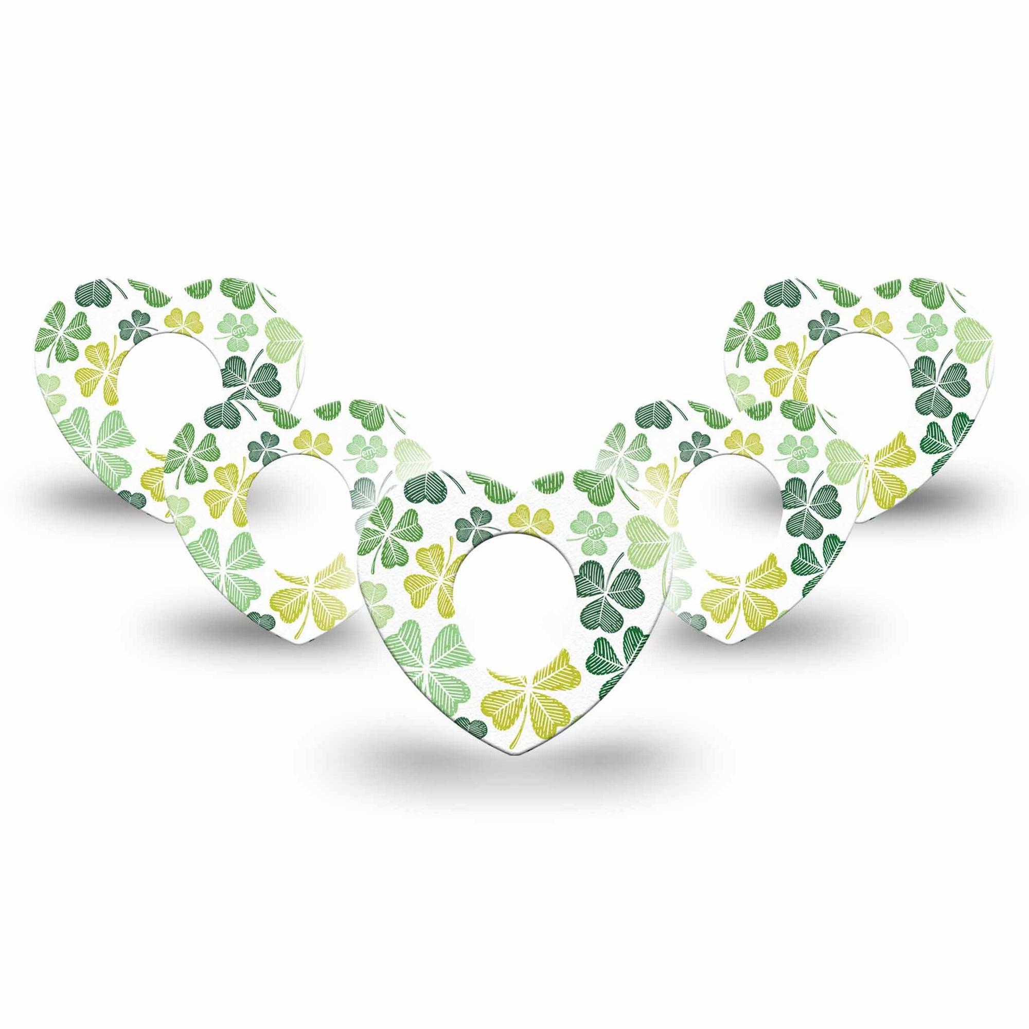 ExpressionMed Clover Pile Dexcom G7 Heart Shape Tape, Dexcom Stelo Glucose Biosensor System, 5-Pack Tape Green Paddy's Day Shamrocks, Overlay Patch CGM Design