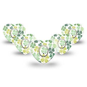 ExpressionMed Clover Pile Dexcom G7 Heart Shape Tape, Dexcom Stelo Glucose Biosensor System, 5-Pack Tape and 5-Pack Sticker Pastel Colored Shamrock, Overlay Patch CGM Design
