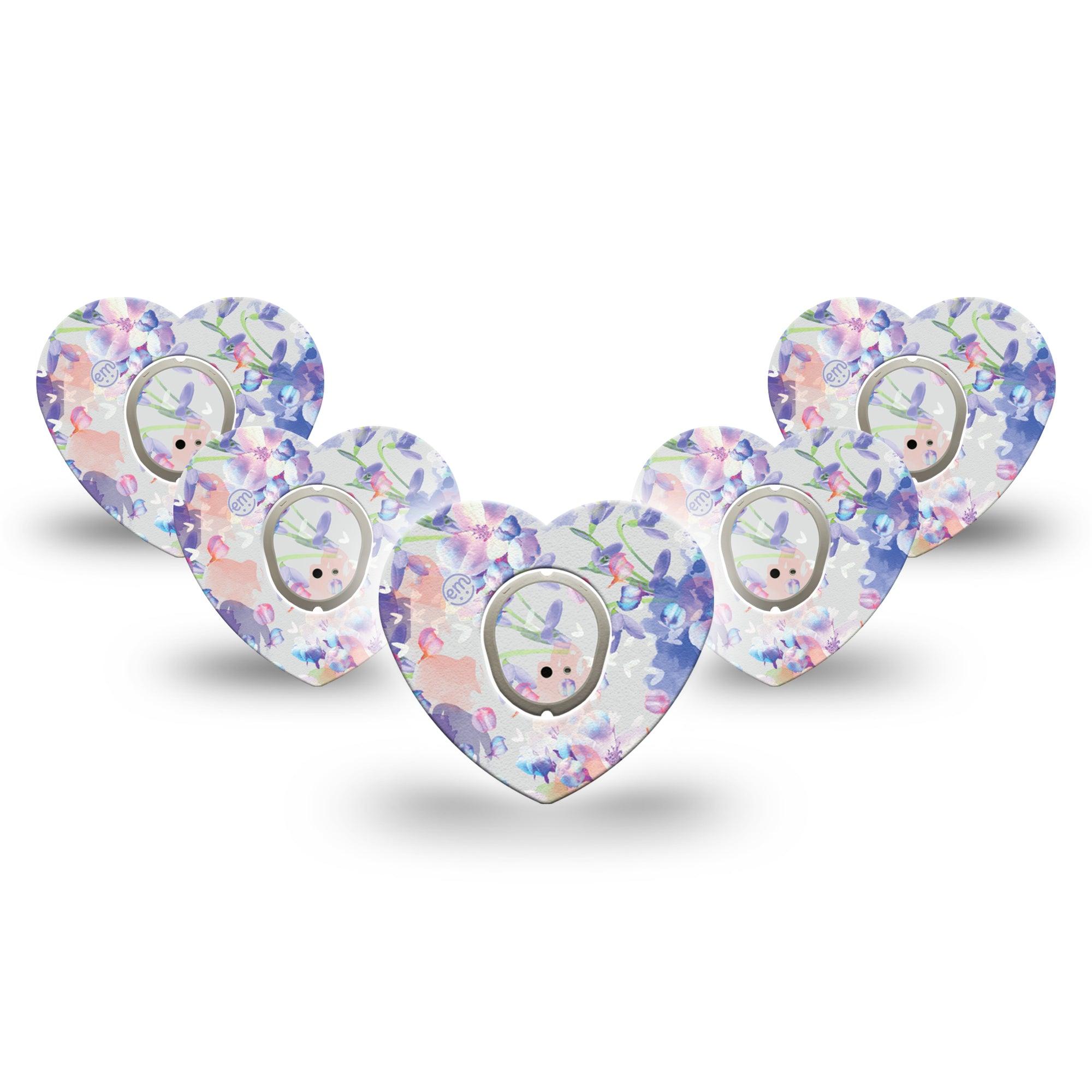 ExpressionMed Dreamy Blooms Dexcom G7 Heart Shape Tape, Dexcom Stelo Glucose Biosensor System, 5-Pack Tape and 5-Pack Sticker Pastel Blues Purples Overlay Patch CGM Design