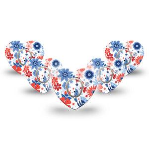 ExpressionMed July Flowers Dexcom G7 Heart Shape Tape, Dexcom Stelo Glucose Biosensor System, 5-Pack Tape and 5-Pack Sticker 4th of July Florals Overlay Patch CGM Design