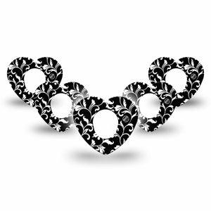 ExpressionMed Fleur de lis Dexcom G7, Dexcom Stelo Glucose Biosensor System, Heart Shape Tape 5-Pack Black and white floral Fixing Ring Tape CGM Design