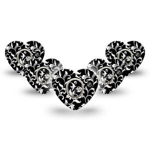 ExpressionMed Fleur de lis Dexcom G7, Dexcom Stelo Glucose Biosensor System, Heart Shape Tape 5-Pack Sticker and Tape Black and white floral Fixing Ring Tape CGM Design