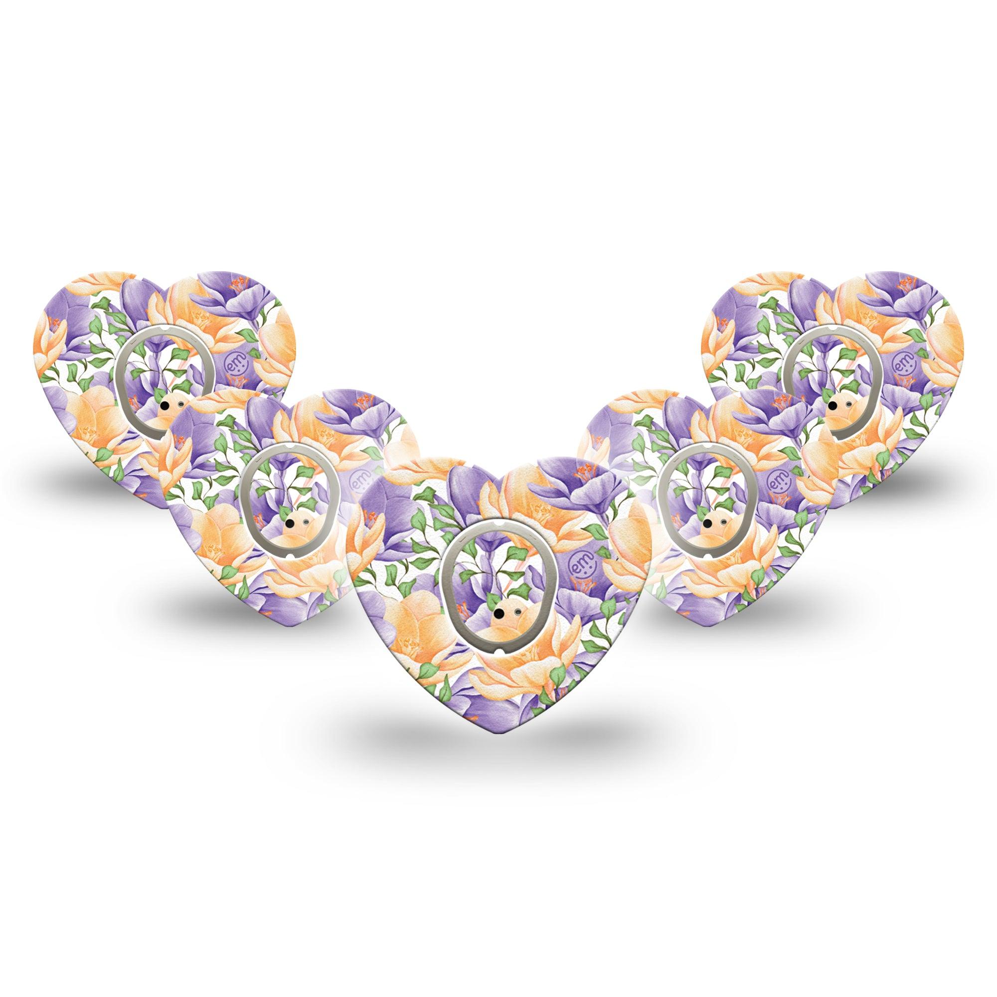 ExpressionMed Crocus Flowers Dexcom G7 Heart Shape 5-Pack bloom texture Fixing Ring Tape CGM Design, Dexcom Stelo Glucose Biosensor System with center stickers