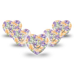 ExpressionMed Crocus Flowers Dexcom G7 Heart Shape 5-Pack bloom texture Fixing Ring Tape CGM Design, Dexcom Stelo Glucose Biosensor System with center stickers