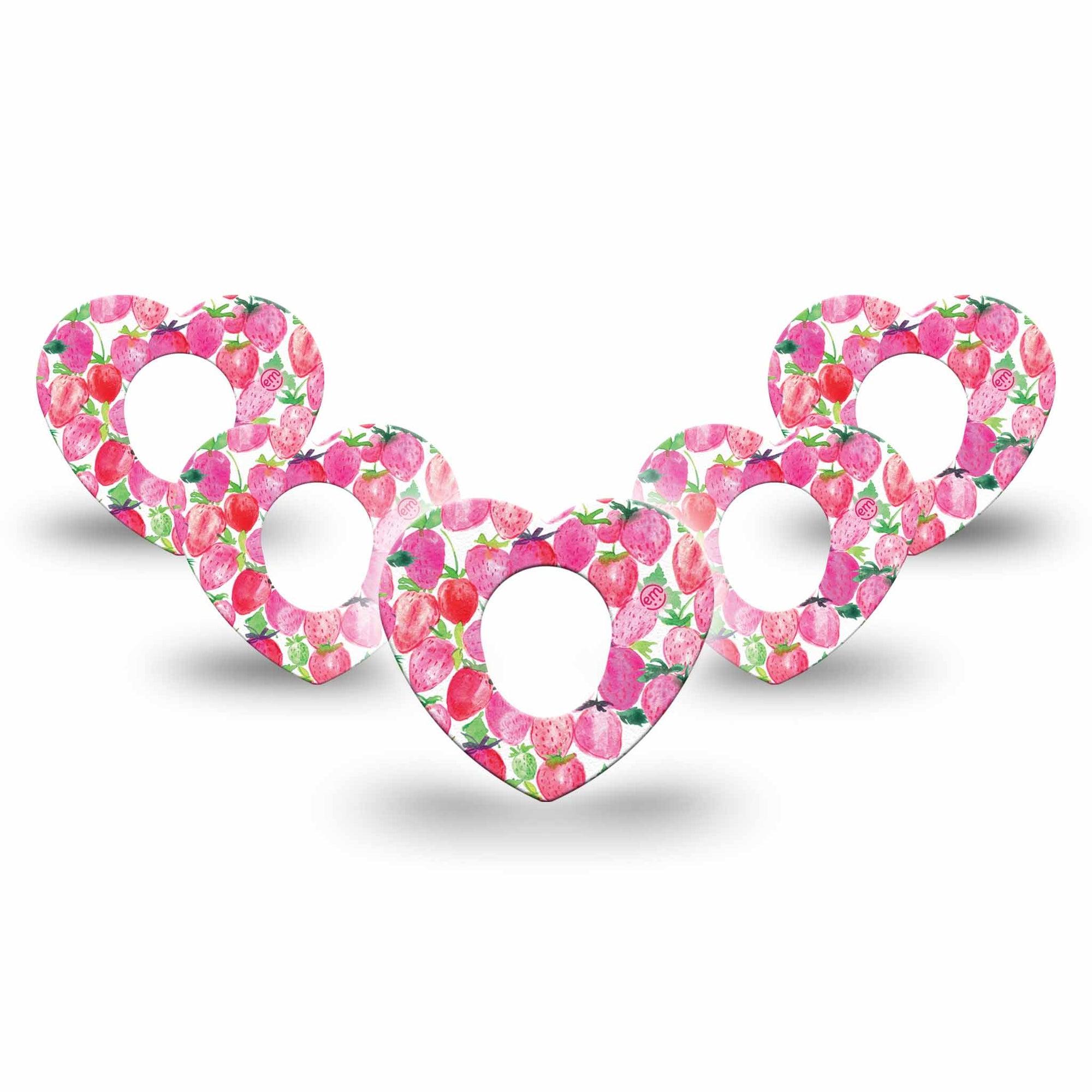 ExpressionMed Strawberry Crush Dexcom G7 Heart Shape Tape, Dexcom Stelo Glucose Biosensor System, 5-Pack Watercolor painted strawberries Fixing Ring Tape CGM Design