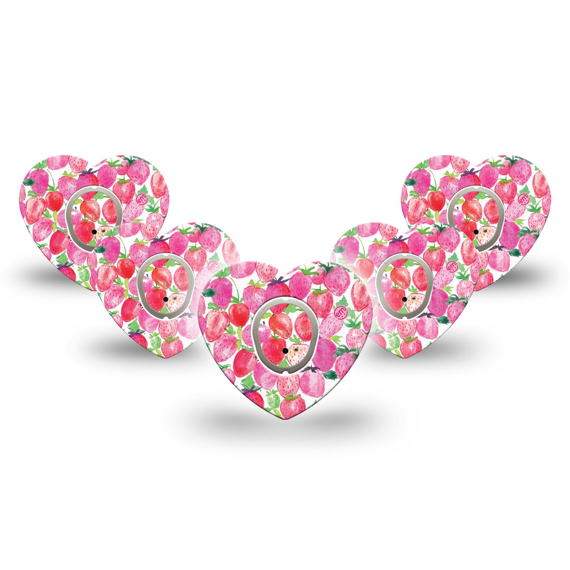 ExpressionMed Strawberry Crush Dexcom G7 Heart Shape Tape, Dexcom Stelo Glucose Biosensor System, 5-Pack Tape and 5-Pack Sticker Pinky Strawberries Overlay Patch CGM Design