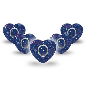 ExpressionMed Night Sky Celebration Dexcom G7 Heart Shape Tape, Dexcom Stelo Glucose Biosensor System, 5-Pack Tape and 5-Pack Sticker Vibrant Fireworks Overlay Patch CGM Design