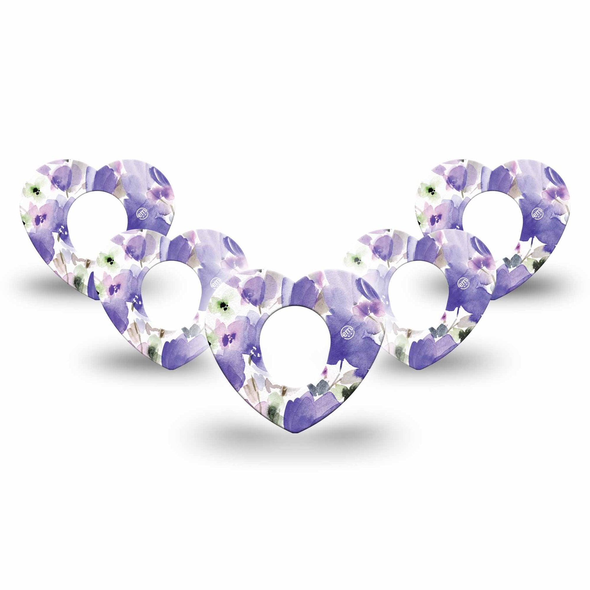 ExpressionMed Italian Blooms Dexcom G7 Heart Shape Tape, Dexcom Stelo Glucose Biosensor System, 5-Pack Amethyst Watercolor Painted Garden Overlay Patch CGM Design
