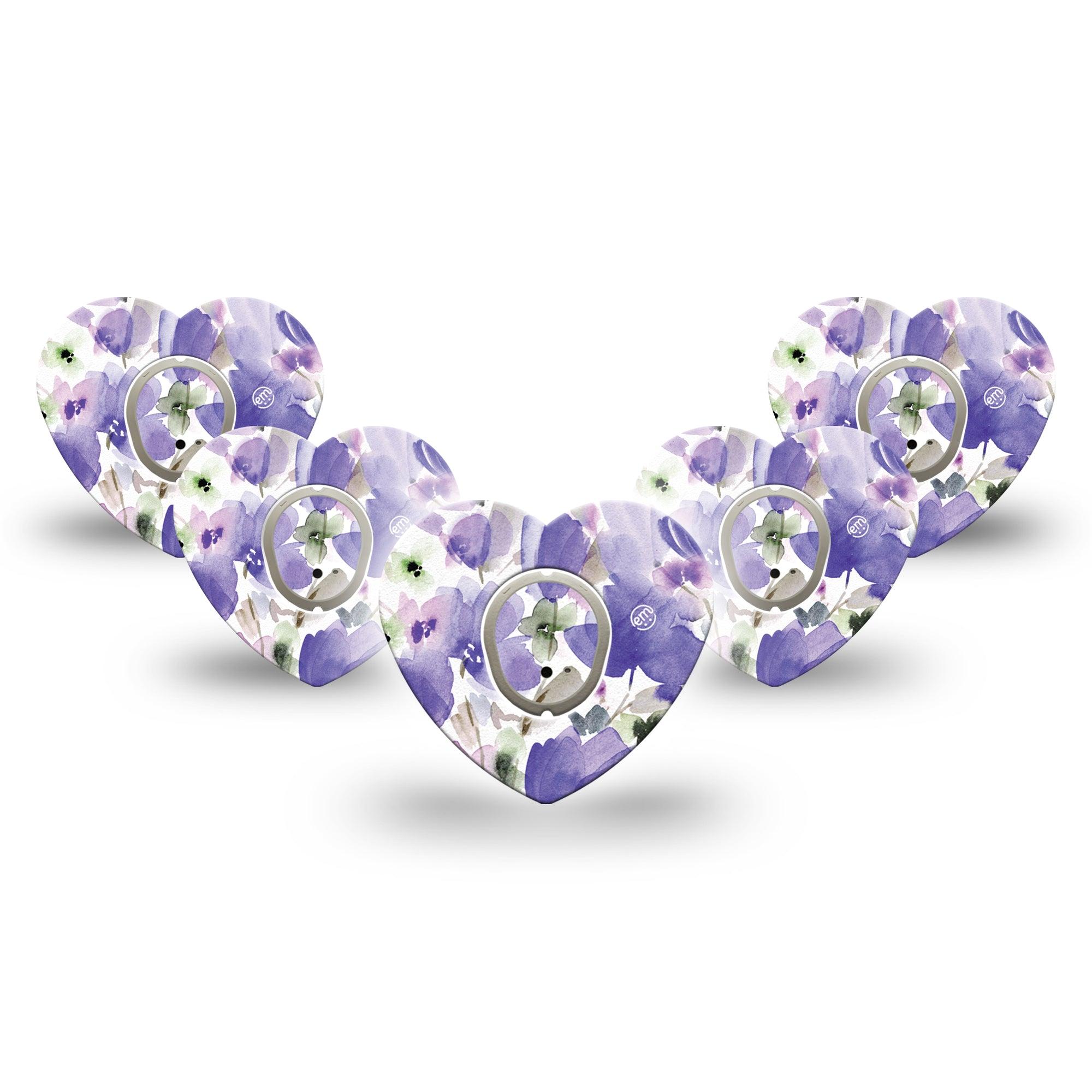 ExpressionMed Italian Blooms Dexcom G7 Heart Shape Tape, Dexcom Stelo Glucose Biosensor System, 5-Pack Tape and 5-Pack Sticker Timeless Purple Florals Overlay Patch CGM Design