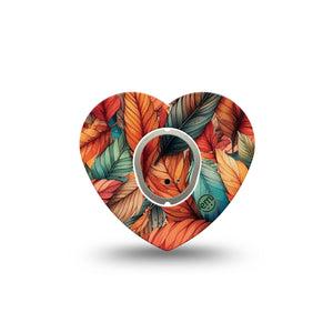ExpressionMed Fall Leaf Feathers Dexcom G7 Heart Shape Tape, Dexcom Stelo Glucose Biosensor System, Single Tape and Single Sticker Bundle of Orange Teal Feathers Overlay Patch CGM Design