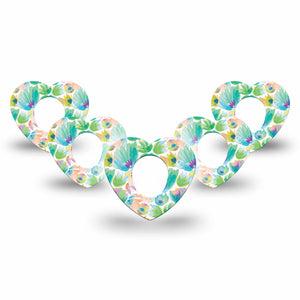 ExpressionMed Happy Go Lucky Flowers Dexcom G7 Heart Shape Tape, Dexcom Stelo Glucose Biosensor System, 5-Pack Bright Green Watercolor Painted Inspired Shrubs Overlay Patch CGM Design