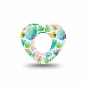 ExpressionMed Happy Go Lucky Flowers Dexcom G7 Heart Shape Tape, Dexcom Stelo Glucose Biosensor System, Single Joyful Green Peachy Florals Overlay Patch CGM Design