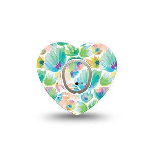 ExpressionMed Happy Go Lucky Flowers Dexcom G7 Heart Shape Tape, Dexcom Stelo Glucose Biosensor System, Single Tape and Single Sticker Bright Green Watercolor Painted Inspired Shrubs Overlay Patch CGM Design