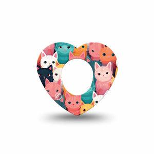 ExpressionMed Rainbow Cats Dexcom G7 Heart Shape Tape, Dexcom Stelo Glucose Biosensor System, Single Light Toned Feline Drawing Overlay Patch CGM Design