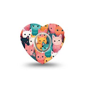 ExpressionMed Rainbow Cats Dexcom G7 Heart Shape Tape, Dexcom Stelo Glucose Biosensor System, Single Tape and Single Sticker Peach Blue Green Cat Illustration Overlay Patch CGM Design