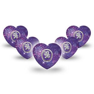 ExpressionMed New Years Celebration Dexcom G7 Heart Shape Tape, Dexcom Stelo Glucose Biosensor System, 5-Pack Tape and 5-Pack Sticker Purple Firework Celebration, Overlay Patch CGM Design