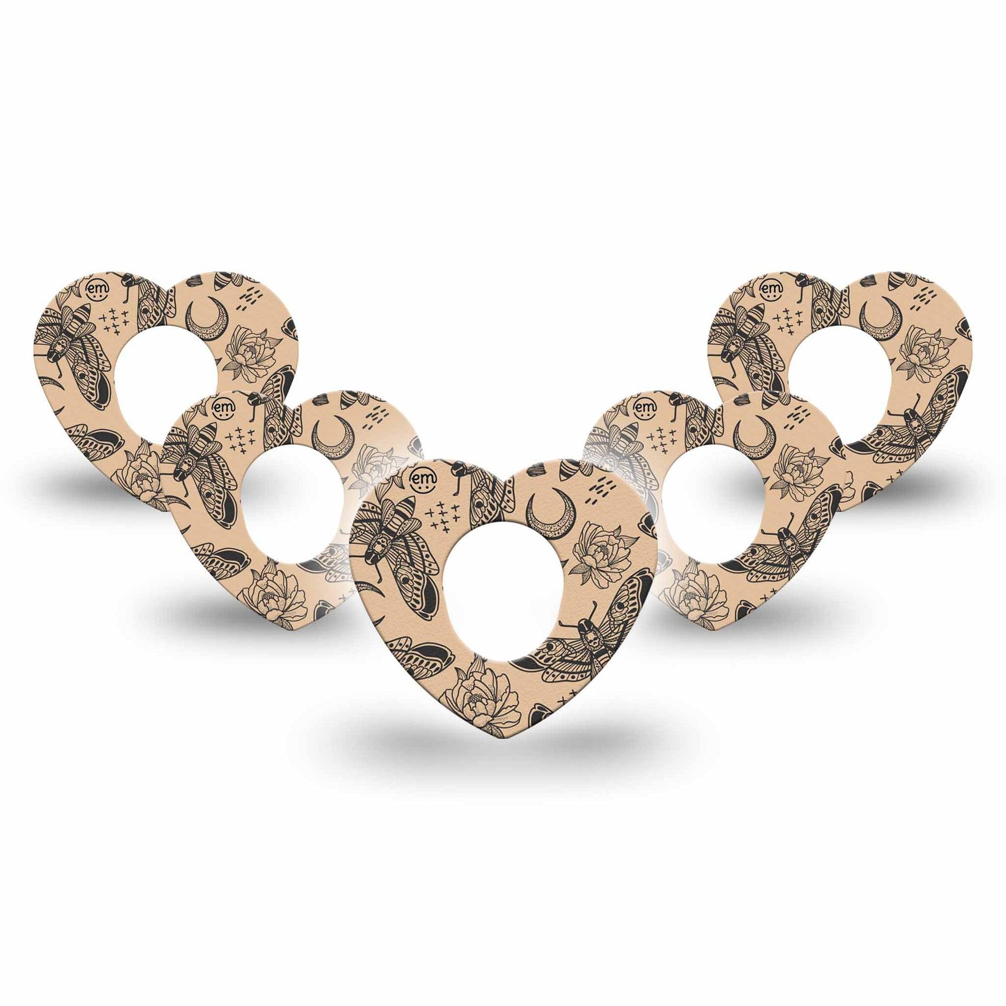 ExpressionMed Tattoo Print Dexcom G7 Heart Shape Tape, Dexcom Stelo Glucose Biosensor System, 5-Pack Tape Black Moth Tattoo Inspired, Overlay Patch CGM Design