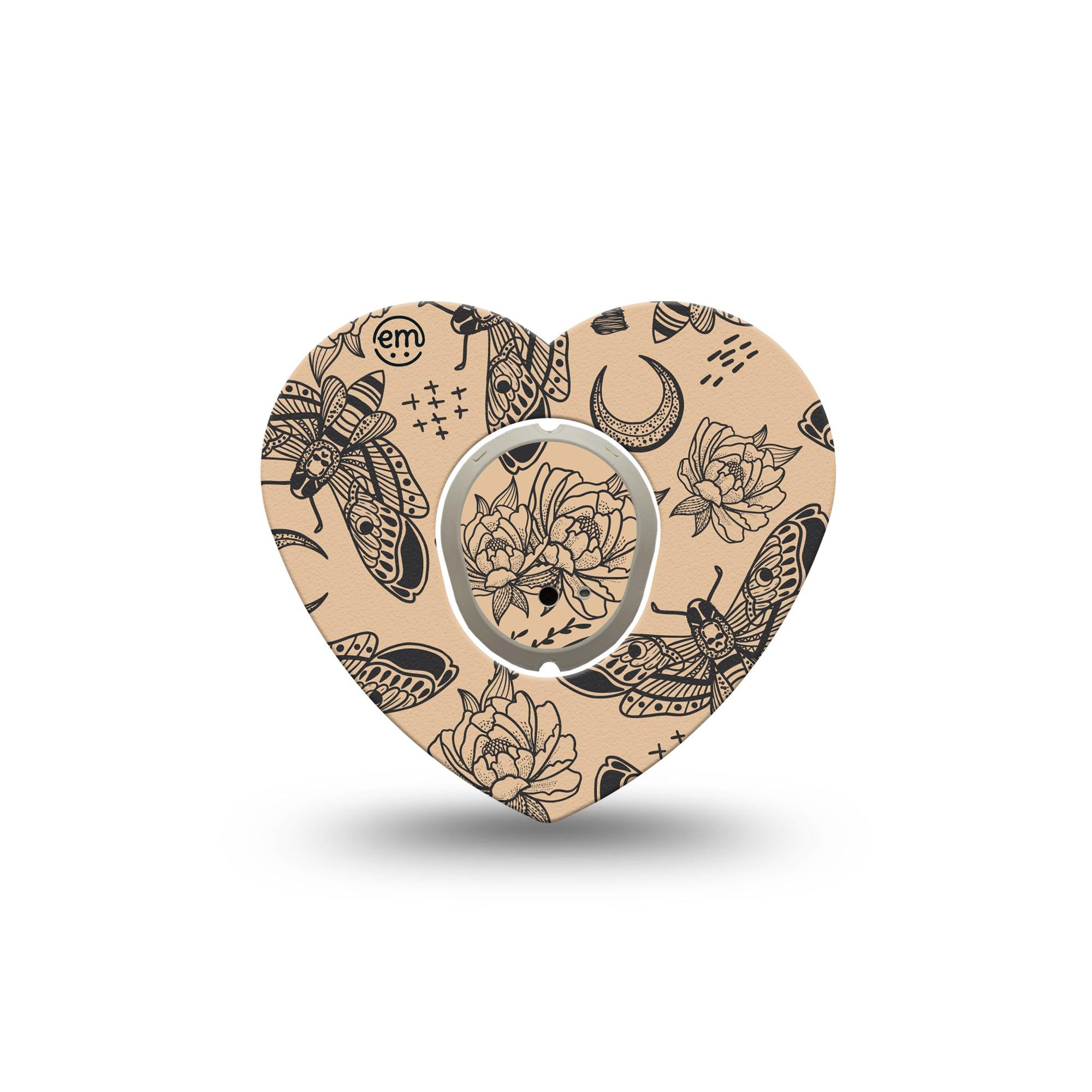 ExpressionMed Tattoo Print Dexcom G7 Heart Shape Tape, Dexcom Stelo Glucose Biosensor System, Single Tape and Single Sticker Black And Brown Moth Roses, Overlay Patch CGM Design