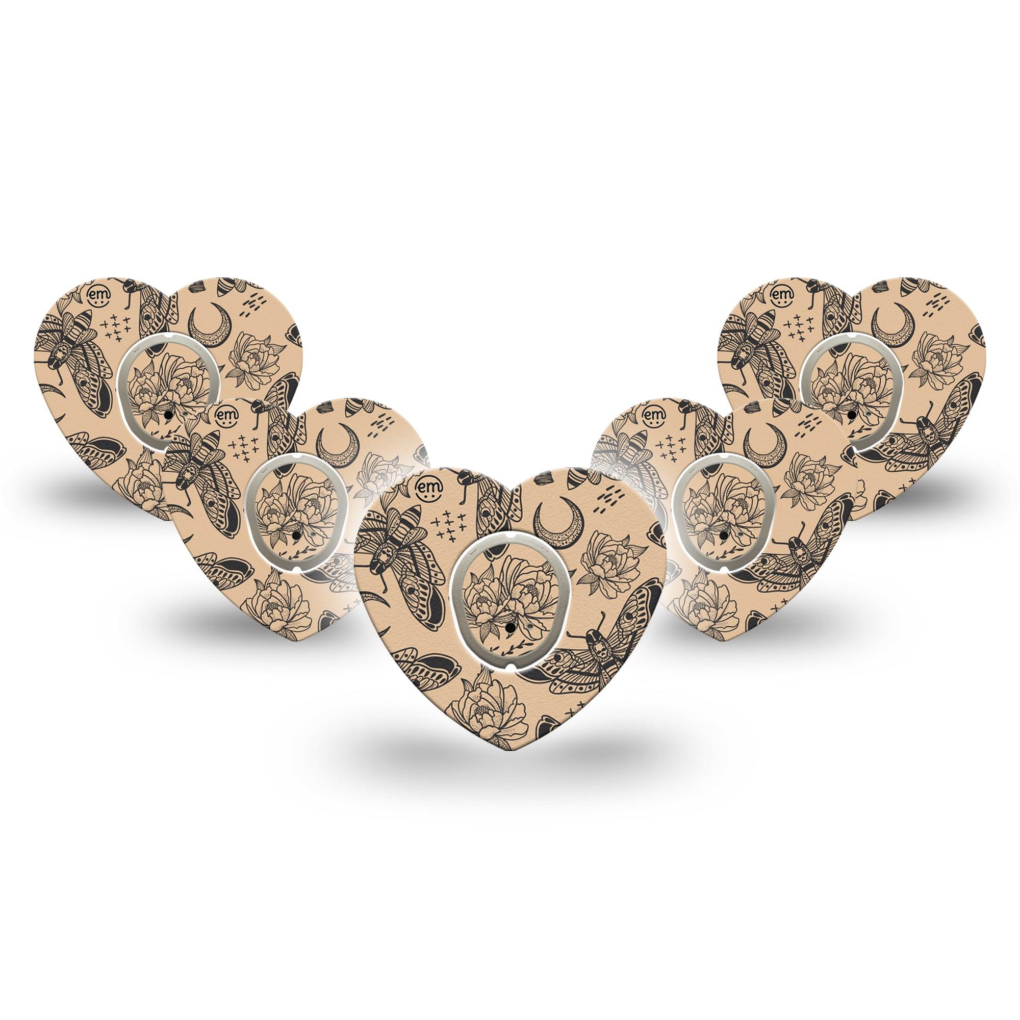 ExpressionMed Tattoo Print Dexcom G7 Heart Shape Tape, Dexcom Stelo Glucose Biosensor System, 5-Pack Tape and 5-Pack Sticker Black Moth Tattoo Inspired, Overlay Patch CGM Design