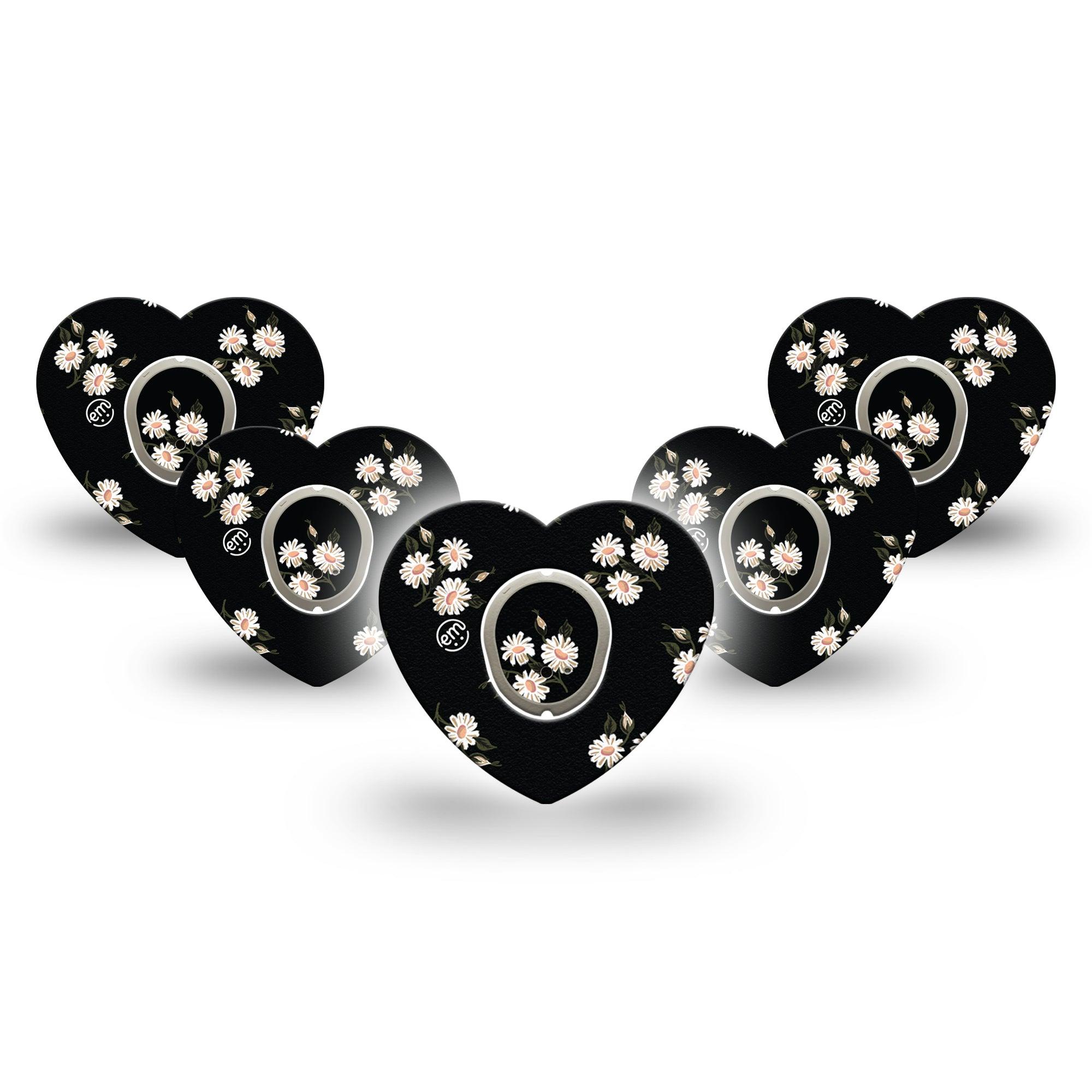 ExpressionMed Black Daisies Dexcom G7 Heart Shape Tape, Dexcom Stelo Glucose Biosensor System, 5-Pack Tape and 5-Pack Sticker Black And White Classical Daisy Florals, Overlay Patch CGM Design