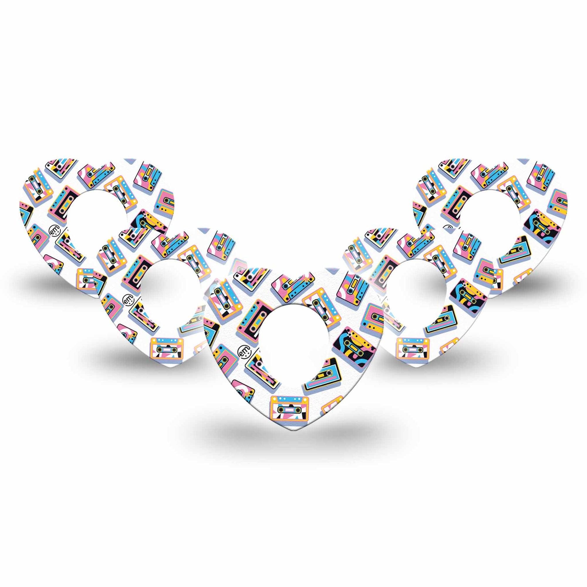 ExpressionMed Vintage Music Tapes Dexcom G7 Heart Shape Tape, Dexcom Stelo Glucose Biosensor System, 5-Pack Tape Neon Cassette Tapes, Adhesive Tape CGM Design