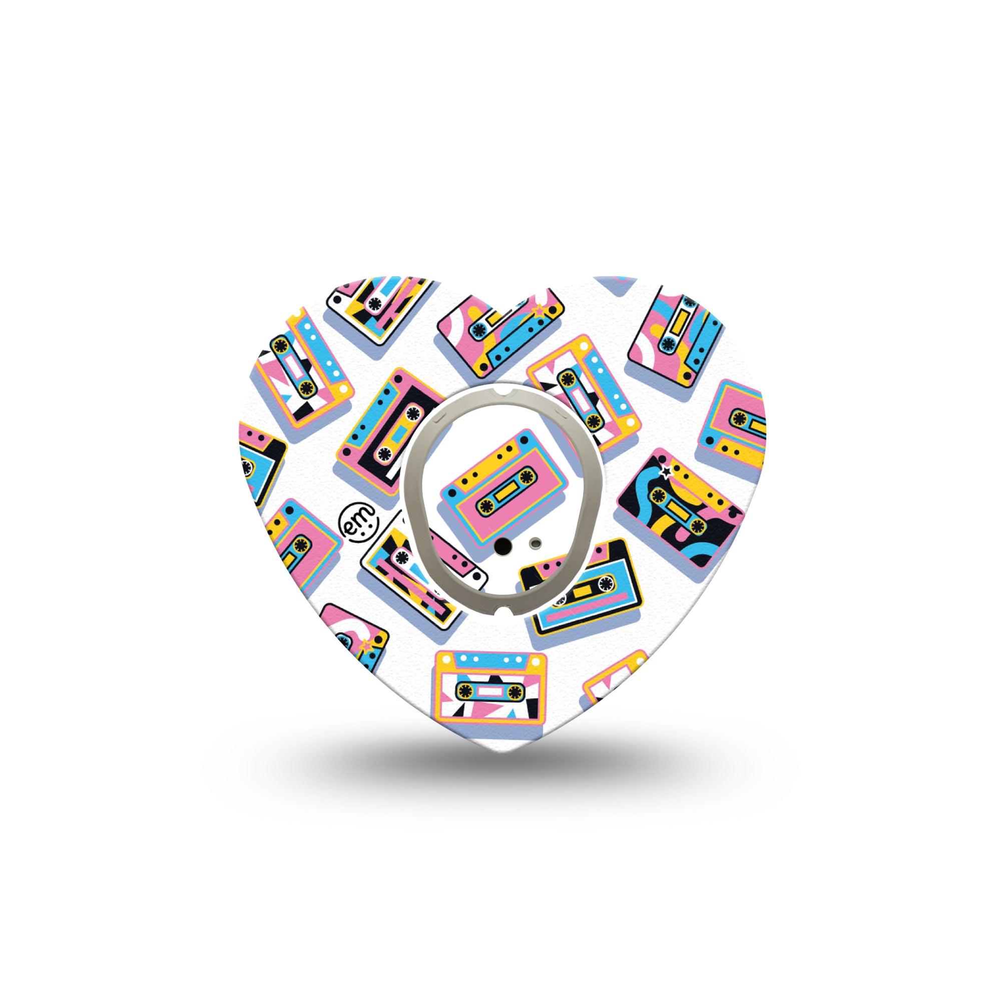 ExpressionMed Vintage Music Tapes Dexcom G7 Heart Shape Tape, Dexcom Stelo Glucose Biosensor System, Single Tape and Single Sticker Bright Cassette Pattern, Adhesive Tape CGM Design