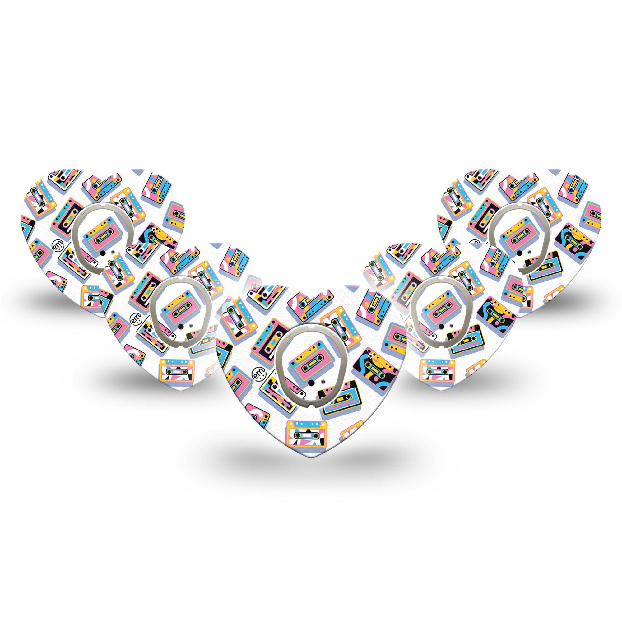 ExpressionMed Vintage Music Tapes Dexcom G7 Heart Shape Tape, Dexcom Stelo Glucose Biosensor System, 5-Pack Tape and 5-Pack Sticker Funky Bright Music Tapes, Adhesive Tape CGM Design