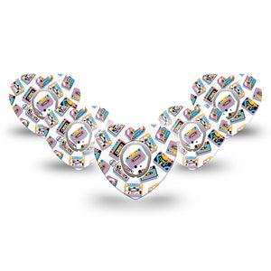 ExpressionMed Vintage Music Tapes Dexcom G7 Heart Shape Tape, Dexcom Stelo Glucose Biosensor System, 5-Pack Tape and 5-Pack Sticker Funky Bright Music Tapes, Adhesive Tape CGM Design