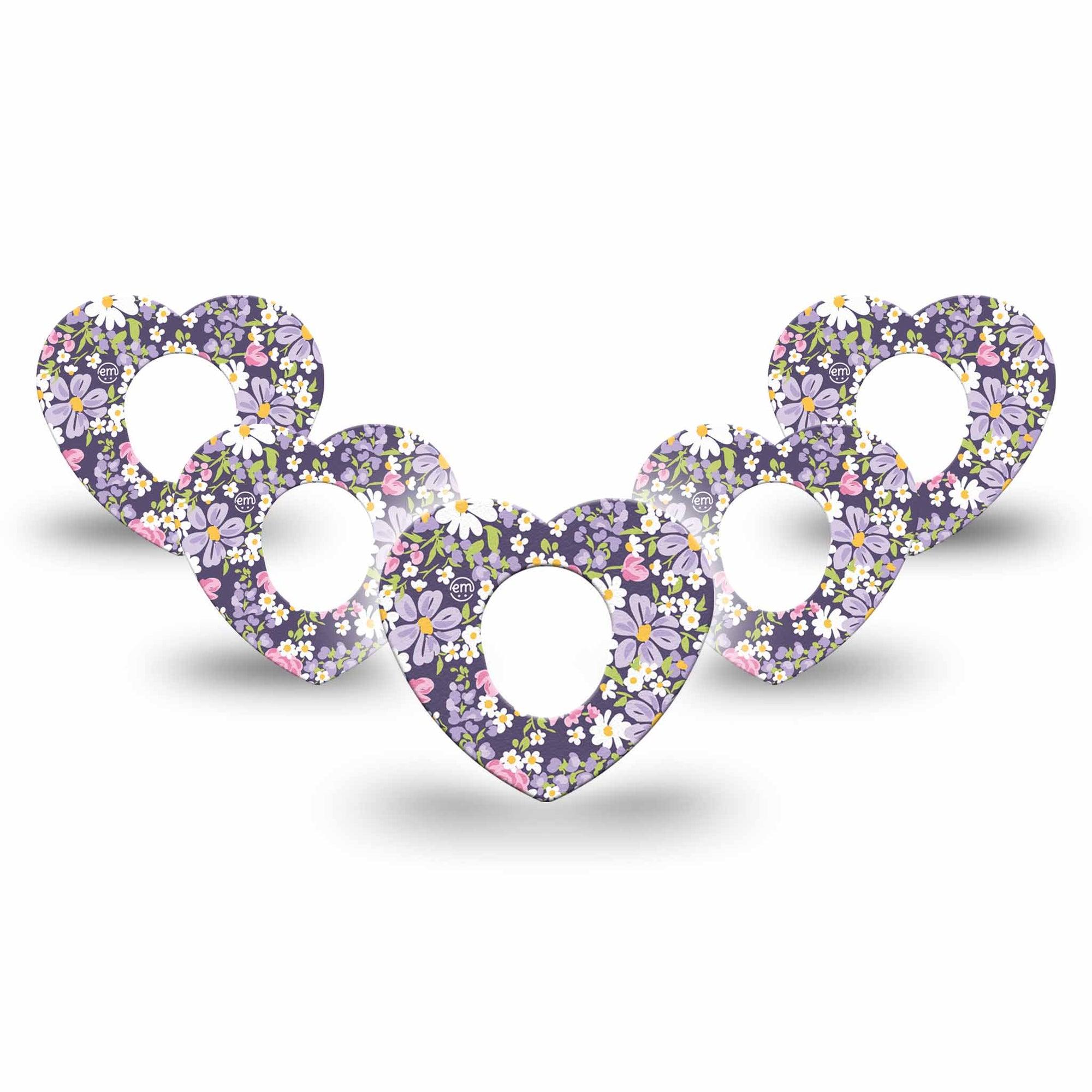 ExpressionMed Purple and Pink Flowers Dexcom G7 Heart Shape Tape, Dexcom Stelo Glucose Biosensor System, 5-Pack Tape Purple Spring Flowers, Overlay Patch CGM Design