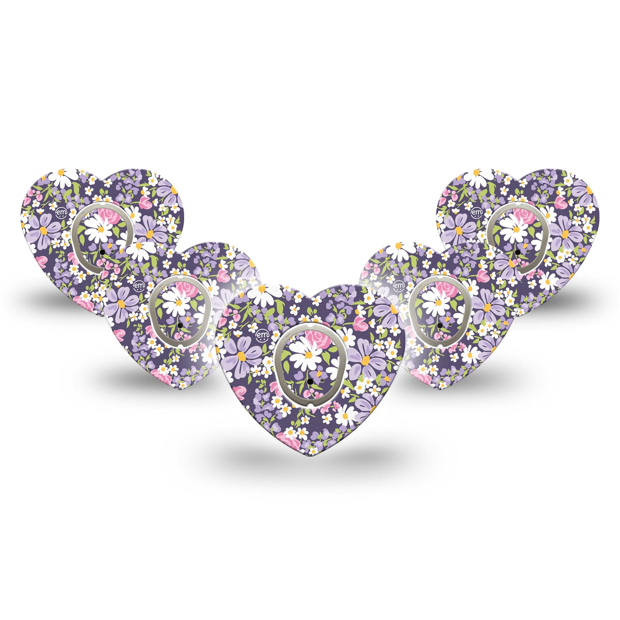 ExpressionMed Purple and Pink Flowers Dexcom G7 Heart Shape Tape, Dexcom Stelo Glucose Biosensor System, 5-Pack Tape and 5-Pack Sticker Purple Spring Flowers, Overlay Patch CGM Design