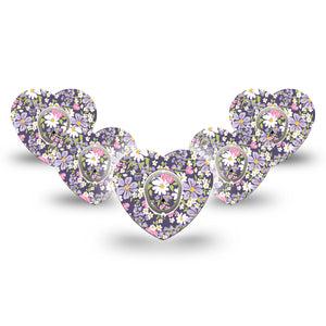 ExpressionMed Purple and Pink Flowers Dexcom G7 Heart Shape Tape, Dexcom Stelo Glucose Biosensor System, 5-Pack Tape and 5-Pack Sticker Purple Spring Flowers, Overlay Patch CGM Design