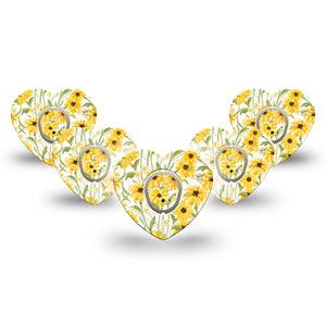 ExpressionMed Yellow Mosaic Floral Dexcom G7 Heart Shape Tape, Dexcom Stelo Glucose Biosensor System, 5-Pack Tape and 5-Pack Sticker Mustard Yellow Flower Plants, Adhesive Tape CGM Design