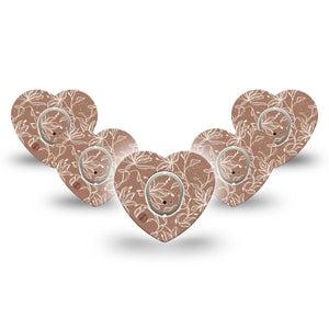 ExpressionMed Mocha Mousse Lace Dexcom G7 Heart Shape Tape, Dexcom Stelo Glucose Biosensor System, 5-Pack Tape and 5-Pack Sticker Delicate Floral Pattern, Overlay Patch CGM Design