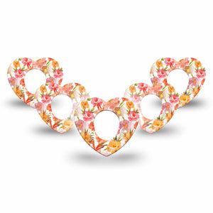 ExpressionMed Peach Dusk Dexcom G7 Heart Shape Tape, Dexcom Stelo Glucose Biosensor System, 5-Pack Tape Pink Orange Flowers, Overlay Patch CGM Design