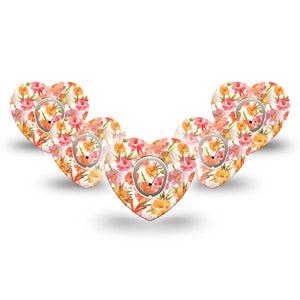 ExpressionMed Peach Dusk Dexcom G7 Heart Shape Tape, Dexcom Stelo Glucose Biosensor System, 5-Pack Tape and 5-Pack Sticker Pink Orange Flowers, Overlay Patch CGM Design