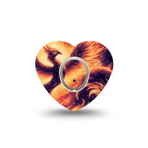 ExpressionMed Rising Phoenix Dexcom G7 Heart Shape Tape, Dexcom Stelo Glucose Biosensor System, Single Tape and Single Sticker Fire Rising Phoenix, Overlay Patch CGM Design