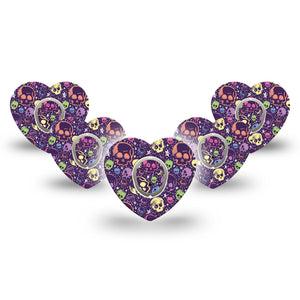 ExpressionMed Neon Skulls Dexcom G7 Heart Shape Tape, Dexcom Stelo Glucose Biosensor System, 5-Pack Tape and 5-Pack Sticker Purple and Neon Skulls, Overlay Patch CGM Design