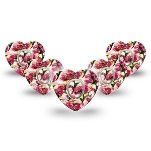 ExpressionMed Maroon Flowers Dexcom G7 Heart Shape Tape, Dexcom Stelo Glucose Biosensor System, 5-Pack Tape and 5-Pack Sticker Feathery Petals, Overlay Patch CGM Design