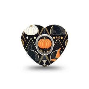 ExpressionMed Art Deco Halloween Dexcom G7 Heart Shape Tape, Dexcom Stelo Glucose Biosensor System, Single Tape and Single Sticker Halloween Pumpkins Witch Hats, Overlay Patch CGM Design