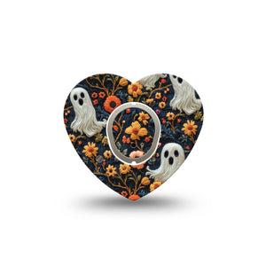 ExpressionMed Embroidered Ghost Dexcom G7 Heart Shape Tape, Dexcom Stelo Glucose Biosensor System, Single Tape and Single Sticker Cute Spooky Embroidery, Overlay Patch CGM Design