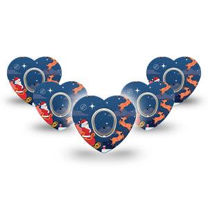 ExpressionMed Santa With Sled Dexcom G7 Heart Shape Tape, Dexcom Stelo Glucose Biosensor System, 5-Pack Tape and 5-Pack Sticker Santa Flying Over Town, Overlay Patch CGM Design