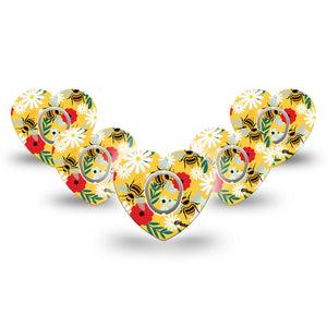 ExpressionMed Bees and Flowers Dexcom G7 Heart Shape Tape, Dexcom Stelo Glucose Biosensor System, 5-Pack Tape and 5-Pack Sticker Yellow Garden Floral Plaster CGM Design