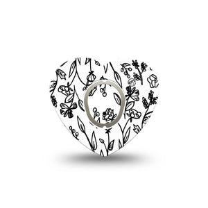 ExpressionMed Custom Black and White Floral Dexcom G7 Heart Shape Tape, Dexcom Stelo Glucose Biosensor System, Single Tape and Single Sticker Tailored Florals Plaster CGM Design